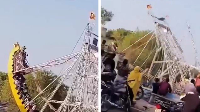Moment fairground swing filled with schoolchildren collapses and injures 14